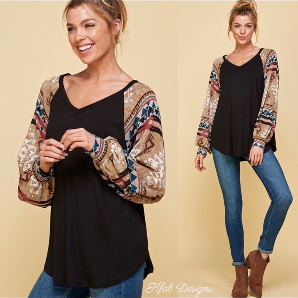 New! Sale 🔥Tribal Aztec V Neck Puff Long Sleeve Super Soft Top - Picture 5 of 8